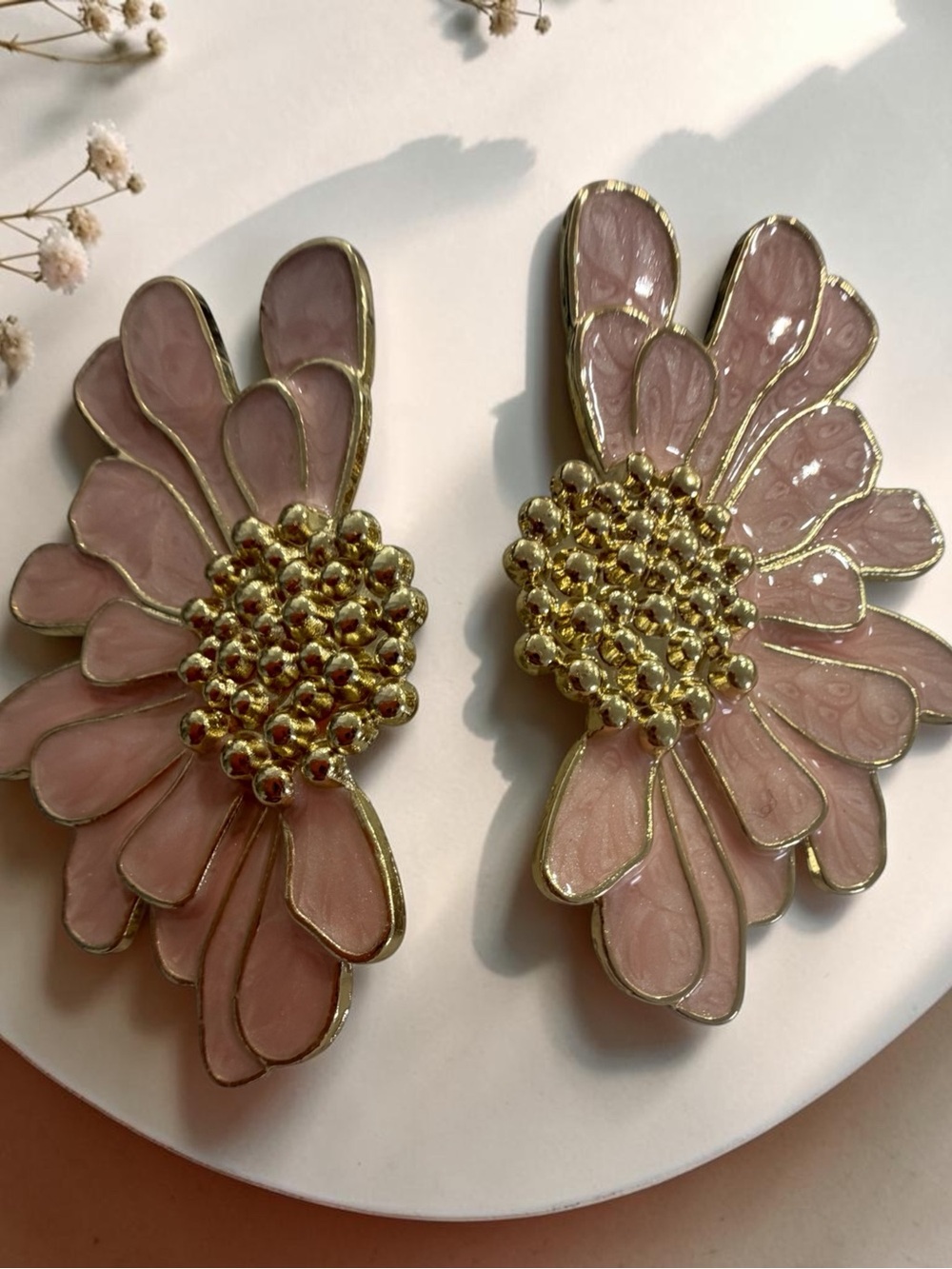 Gold & Pink Floral Statement Earrings